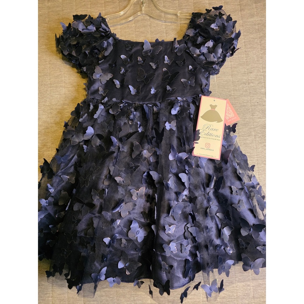 1446 Rare Editions Girls Navy Blue 3D Butterfly Mesh Party Dress 5T NWT